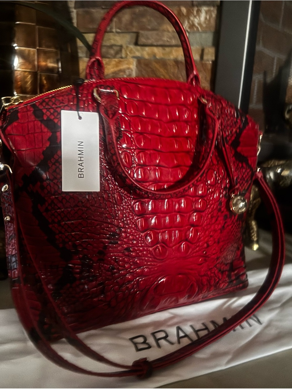 Brahmin Red Croc-Embossed Satchel with Black Accents